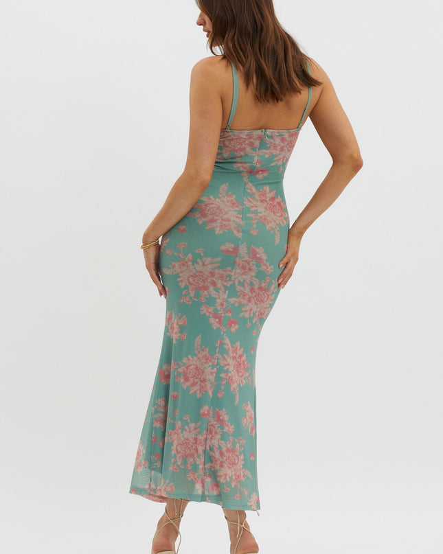 Green Lace Trim Mesh Midi Dress