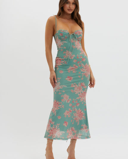 Green Lace Trim Mesh Midi Dress