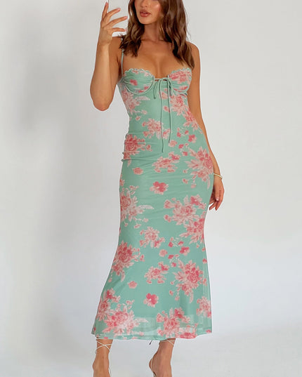 Green Lace Trim Mesh Midi Dress