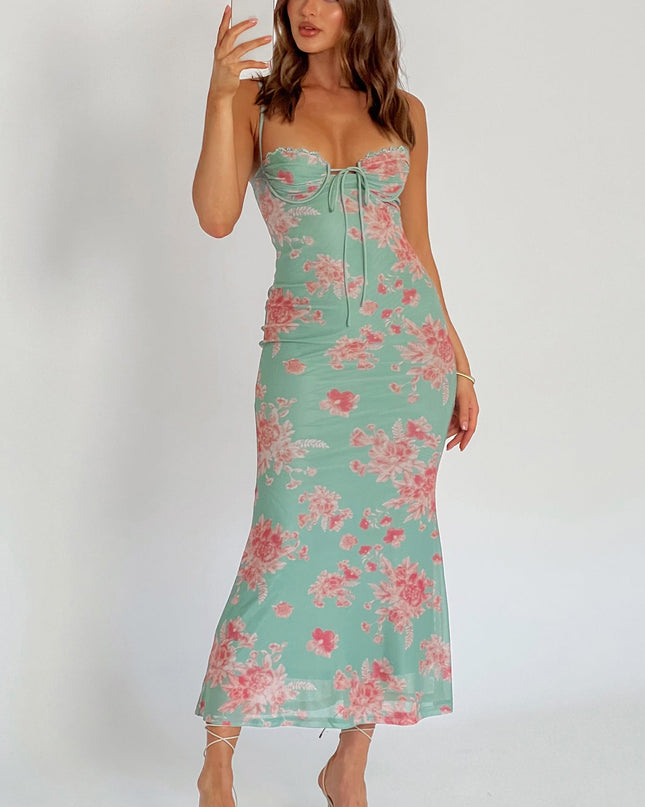 Green Lace Trim Mesh Midi Dress
