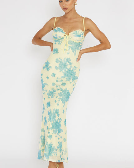 Yellow Lace Trim Mesh Midi Dress