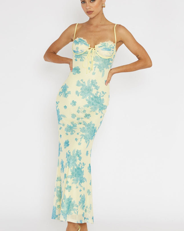 Yellow Lace Trim Mesh Midi Dress