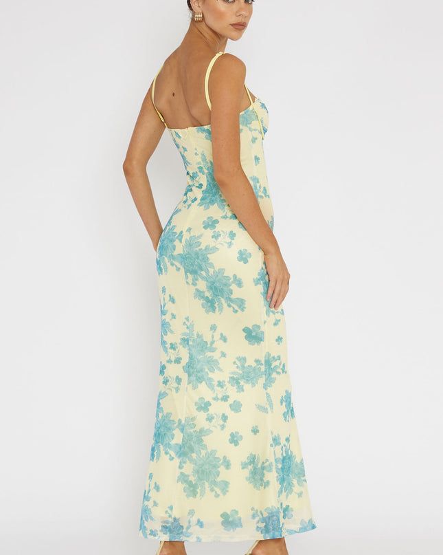 Yellow Lace Trim Mesh Midi Dress