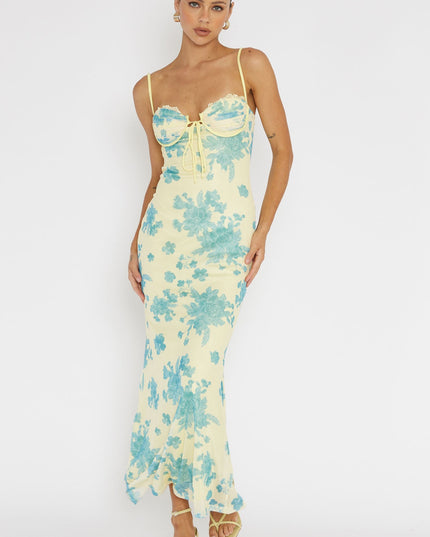Yellow Lace Trim Mesh Midi Dress