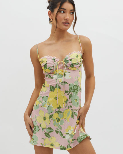 Pink Lace Trim Bust Tie Mini Dress Floral
