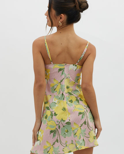 Pink Lace Trim Bust Tie Mini Dress Floral