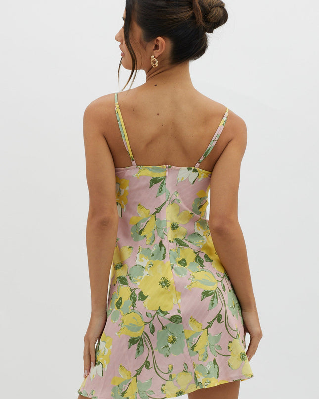 Pink Lace Trim Bust Tie Mini Dress Floral