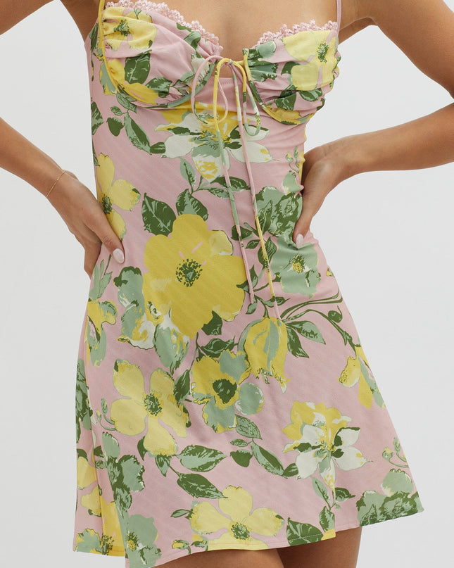 Pink Lace Trim Bust Tie Mini Dress Floral