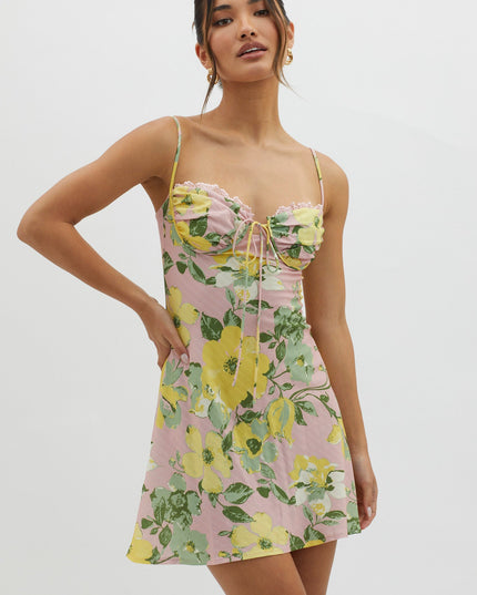 Pink Lace Trim Bust Tie Mini Dress Floral