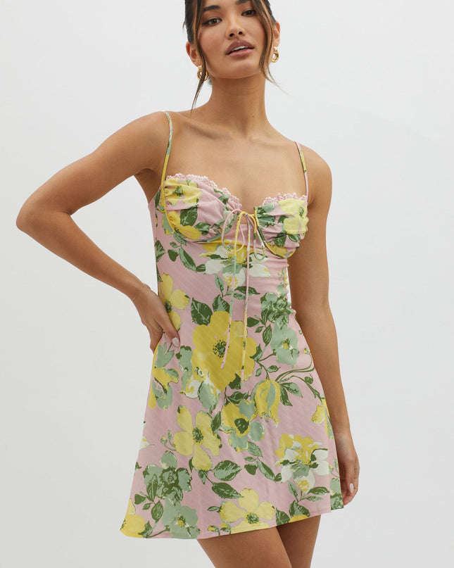 Pink Lace Trim Bust Tie Mini Dress Floral