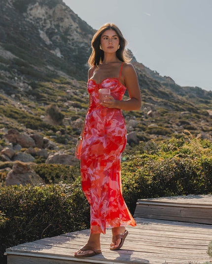 Orange Lace Trim Mesh Midi Dress