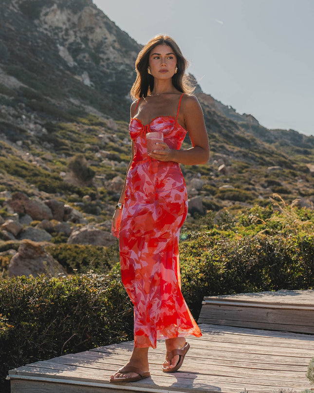 Orange Lace Trim Mesh Midi Dress