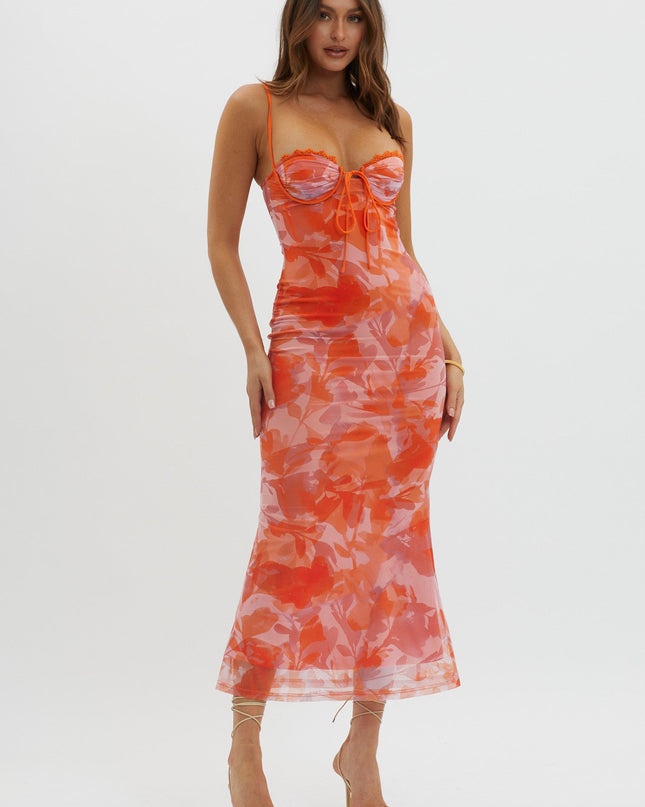 Orange Lace Trim Mesh Midi Dress