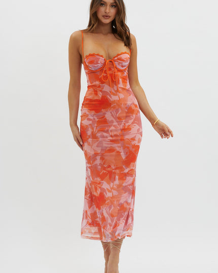 Orange Lace Trim Mesh Midi Dress