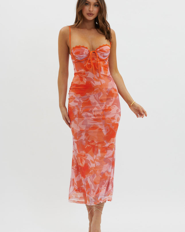 Orange Lace Trim Mesh Midi Dress