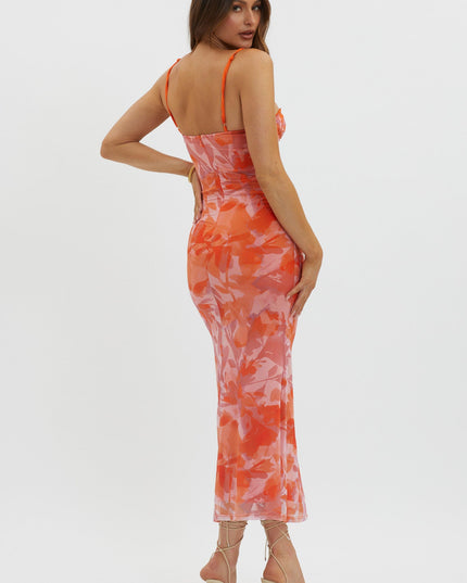 Orange Lace Trim Mesh Midi Dress