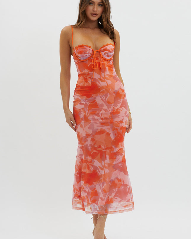 Orange Lace Trim Mesh Midi Dress