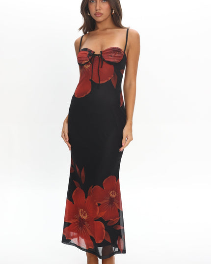 Black Bust Tie Maxi Dress Hibiscus