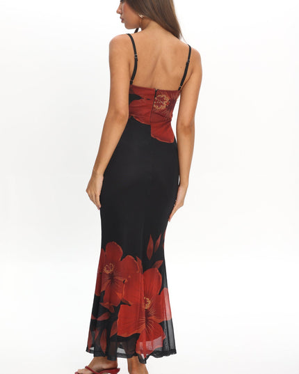 Black Bust Tie Maxi Dress Hibiscus