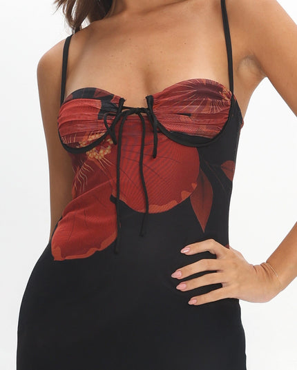 Black Bust Tie Maxi Dress Hibiscus