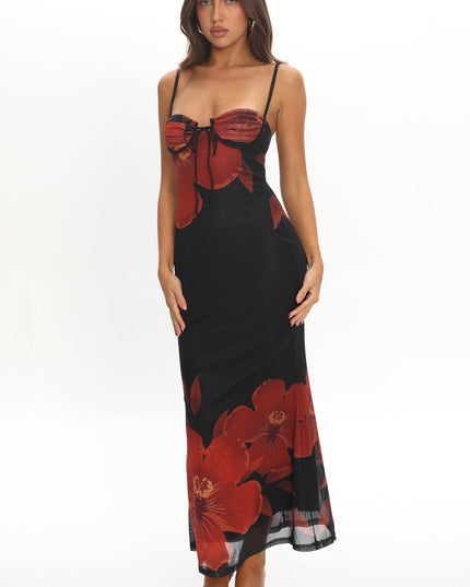 Black Bust Tie Maxi Dress Hibiscus