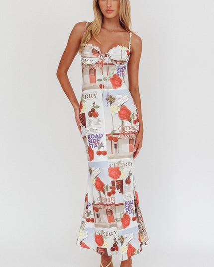 Cherry Bust Tie Maxi Dress Print