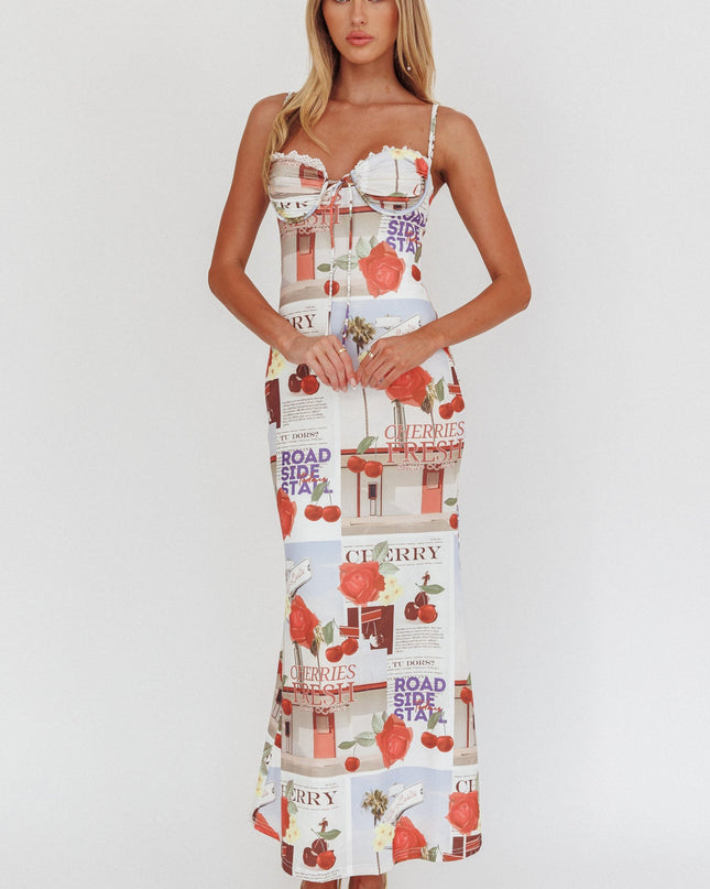 Cherry Bust Tie Maxi Dress Print