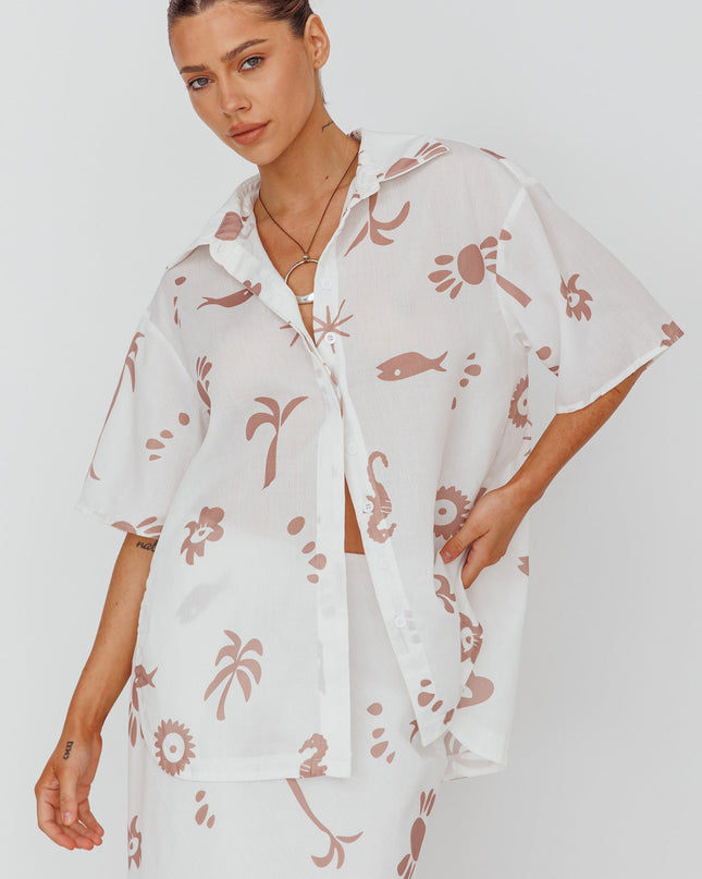Tan Button Up Shirt Print White