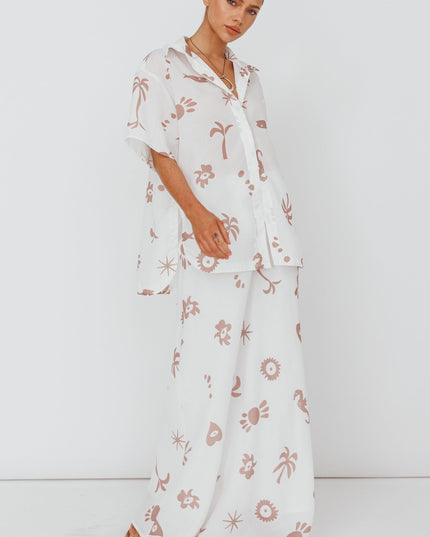 Tan Button Up Shirt Print White