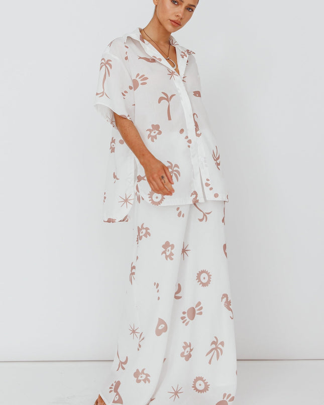 Tan Button Up Shirt Print White