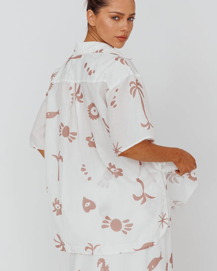 Tan Button Up Shirt Print White