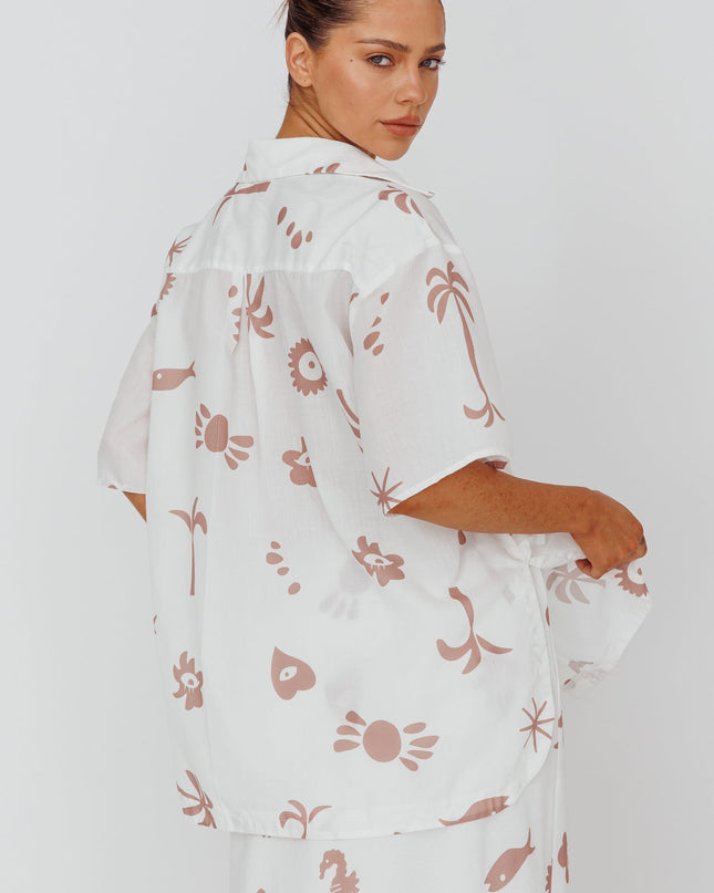 Tan Button Up Shirt Print White