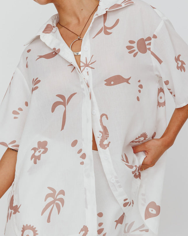 Tan Button Up Shirt Print White