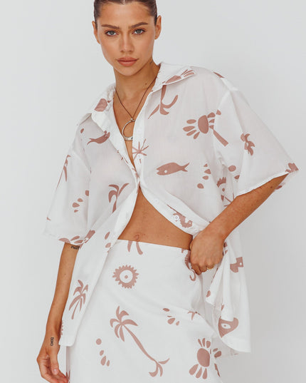 Tan Button Up Shirt Print White