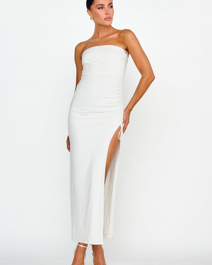 White Drawstring Ruched Split Maxi Dress