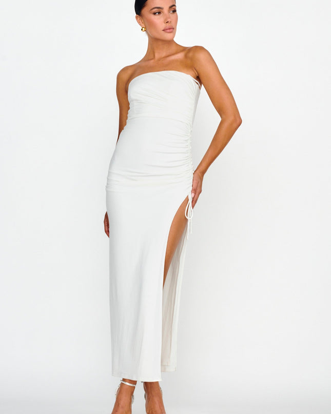 White Drawstring Ruched Split Maxi Dress