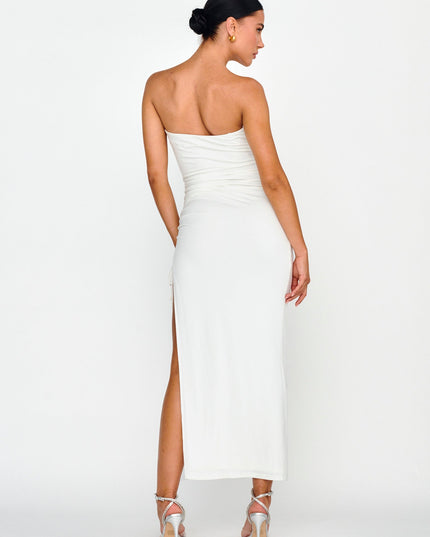 White Drawstring Ruched Split Maxi Dress