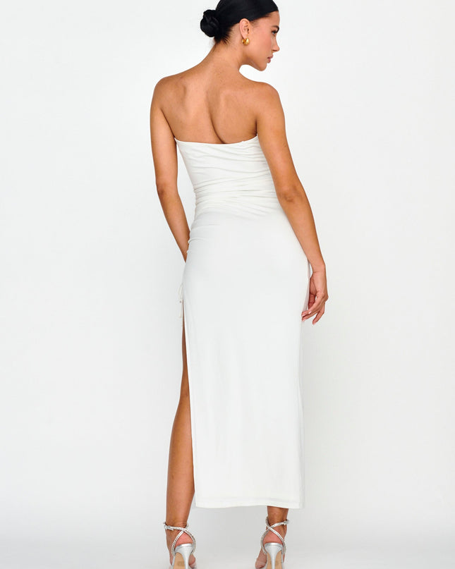 White Drawstring Ruched Split Maxi Dress