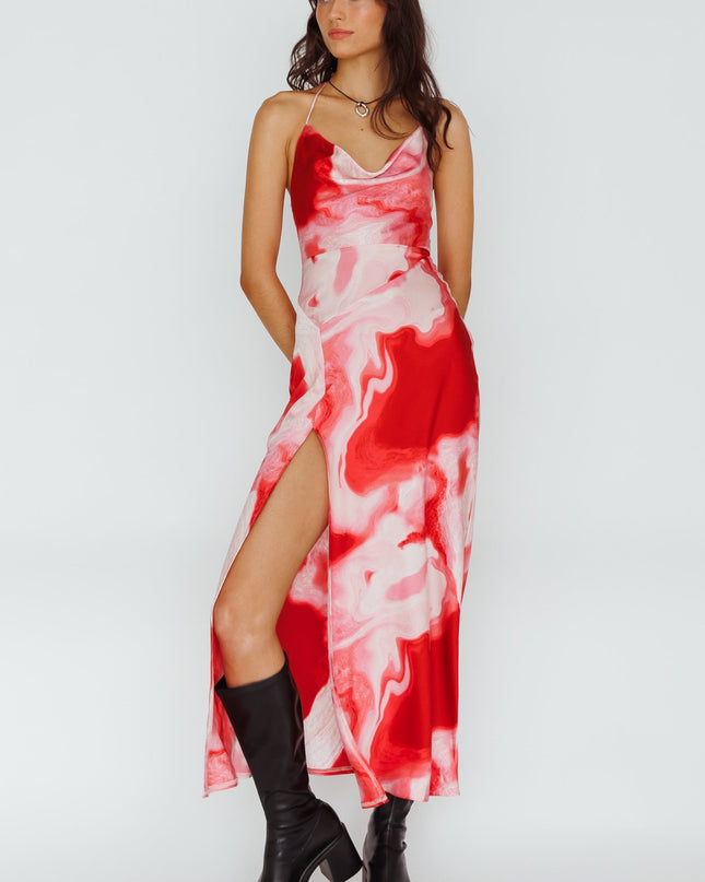 Red Cowl Halterneck Midi Dress Marble