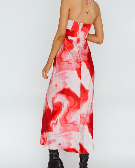 Red Cowl Halterneck Midi Dress Marble