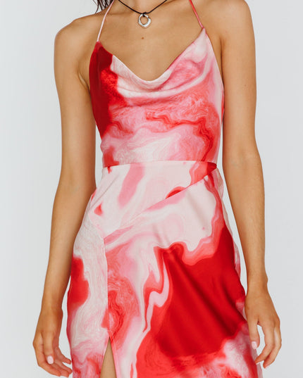 Red Cowl Halterneck Midi Dress Marble