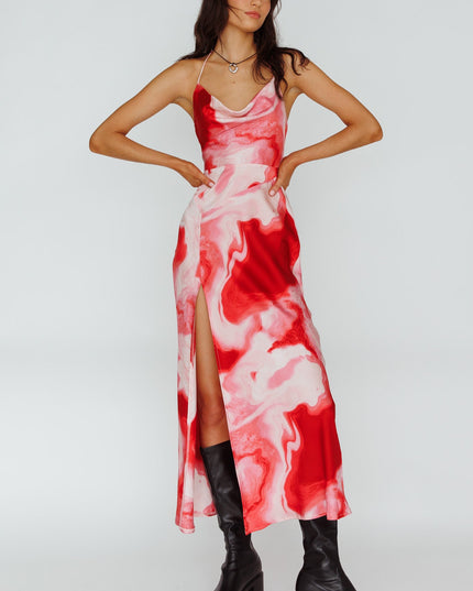 Red Cowl Halterneck Midi Dress Marble
