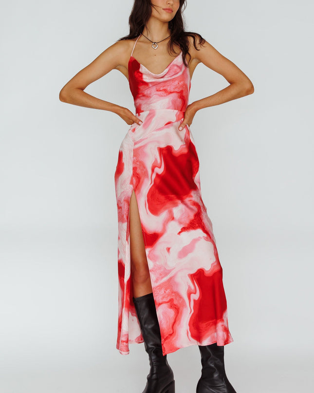 Red Cowl Halterneck Midi Dress Marble