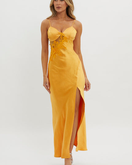 Orange Applique Trim Split Maxi Dress