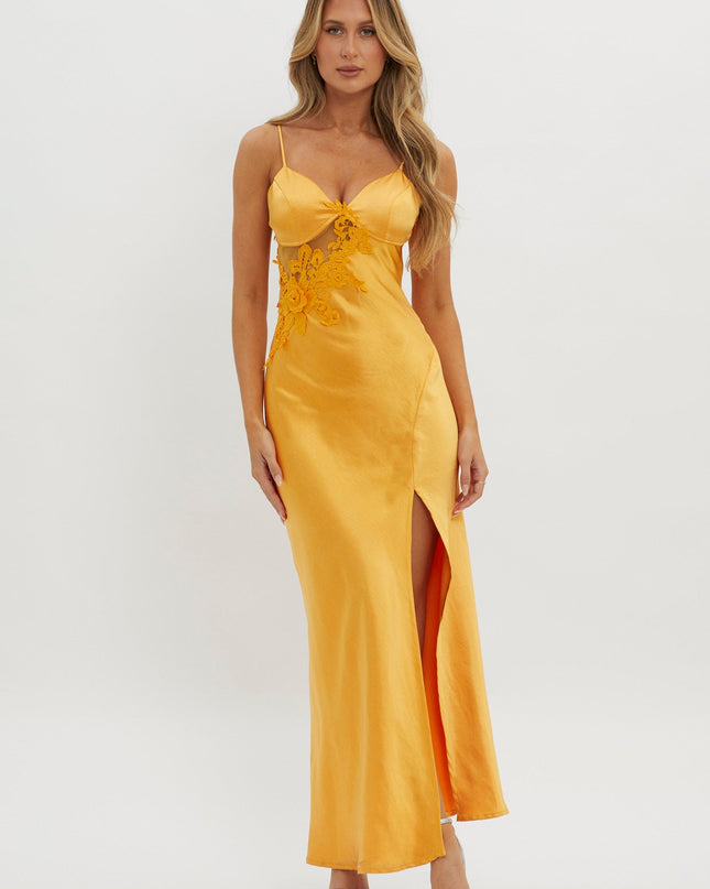 Orange Applique Trim Split Maxi Dress