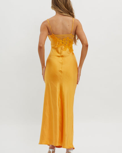Orange Applique Trim Split Maxi Dress