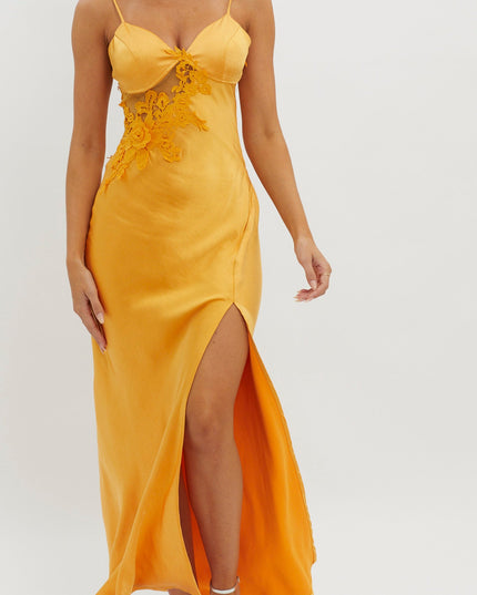 Orange Applique Trim Split Maxi Dress