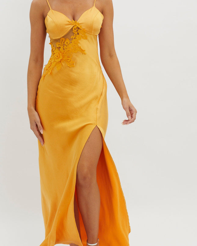 Orange Applique Trim Split Maxi Dress