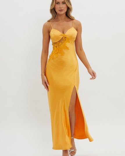 Orange Applique Trim Split Maxi Dress