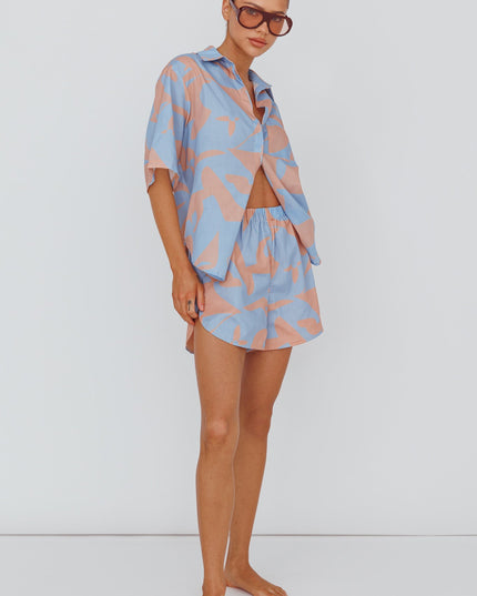Blue Elastic Waist Shorts Print